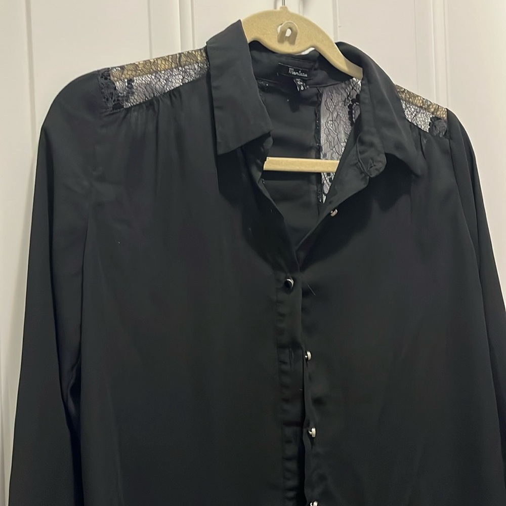 Black button up blouse with roll sleeves and lace